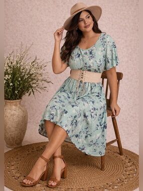 🔥5/$35🔥 Mint Floral Midi Dress| Size XL